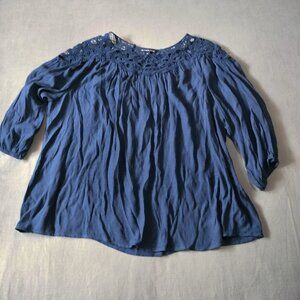 Zac & Rachel Navy Blue Lace Trim Popover Blouse Top 2X Plus Size Puff Sleeve